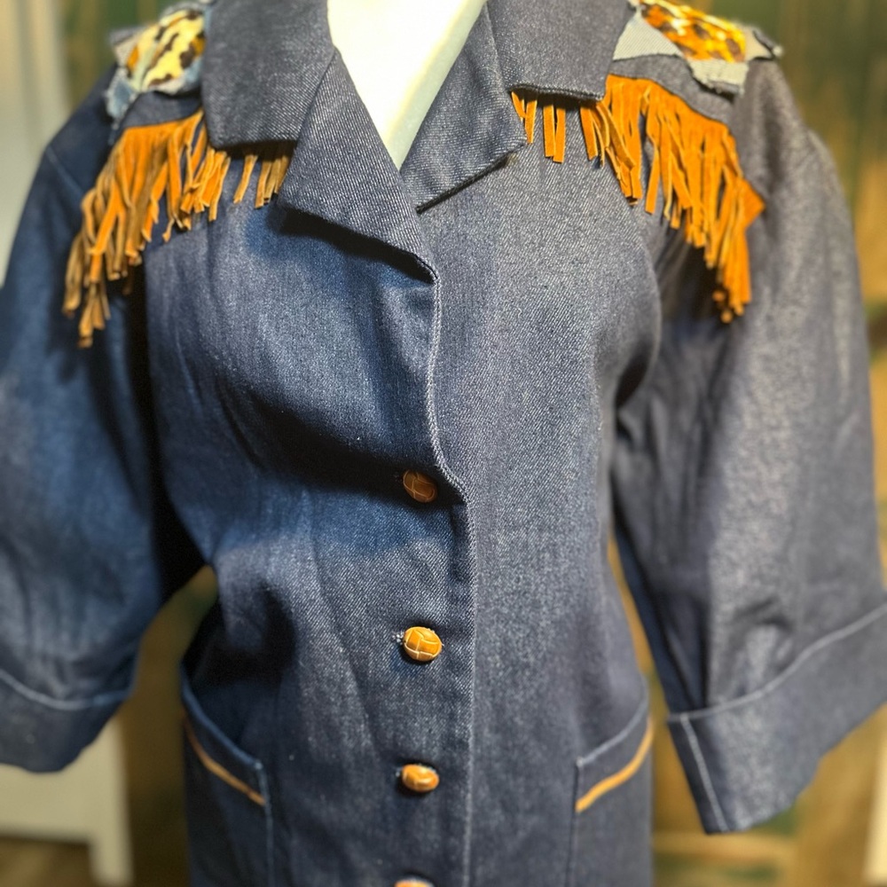 Oversized One-of-a-Kind Denim western Fringe Western Blazer  women size xl - Picture 9 of 16